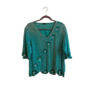 Vintage Green Sequin & Beaded Top With Floral Design & Scalloped Hem